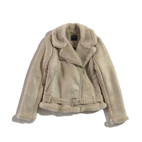 NWT Abercrombie and Fitch Moto Jacket Womens Size XS Beige Suede Faux Shearling - Picture 1 of 8